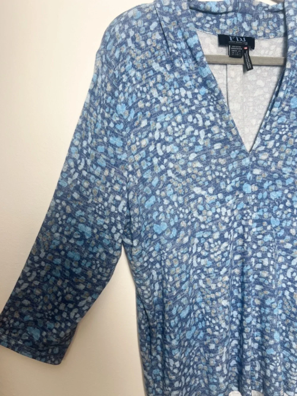 French Dressing Jeans Blue Abstract Print V-Neck 3/4 Sleeve Knit Top L | Boho